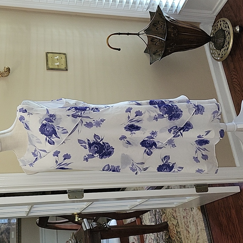 Mary McFadden blue white floral sleeveless layered dress Fully lined Sz XL …EUC - Picture 3 of 10